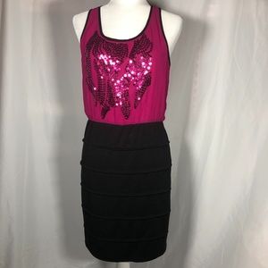 Fuchsia, hot pink, magenta, black sequin dress
